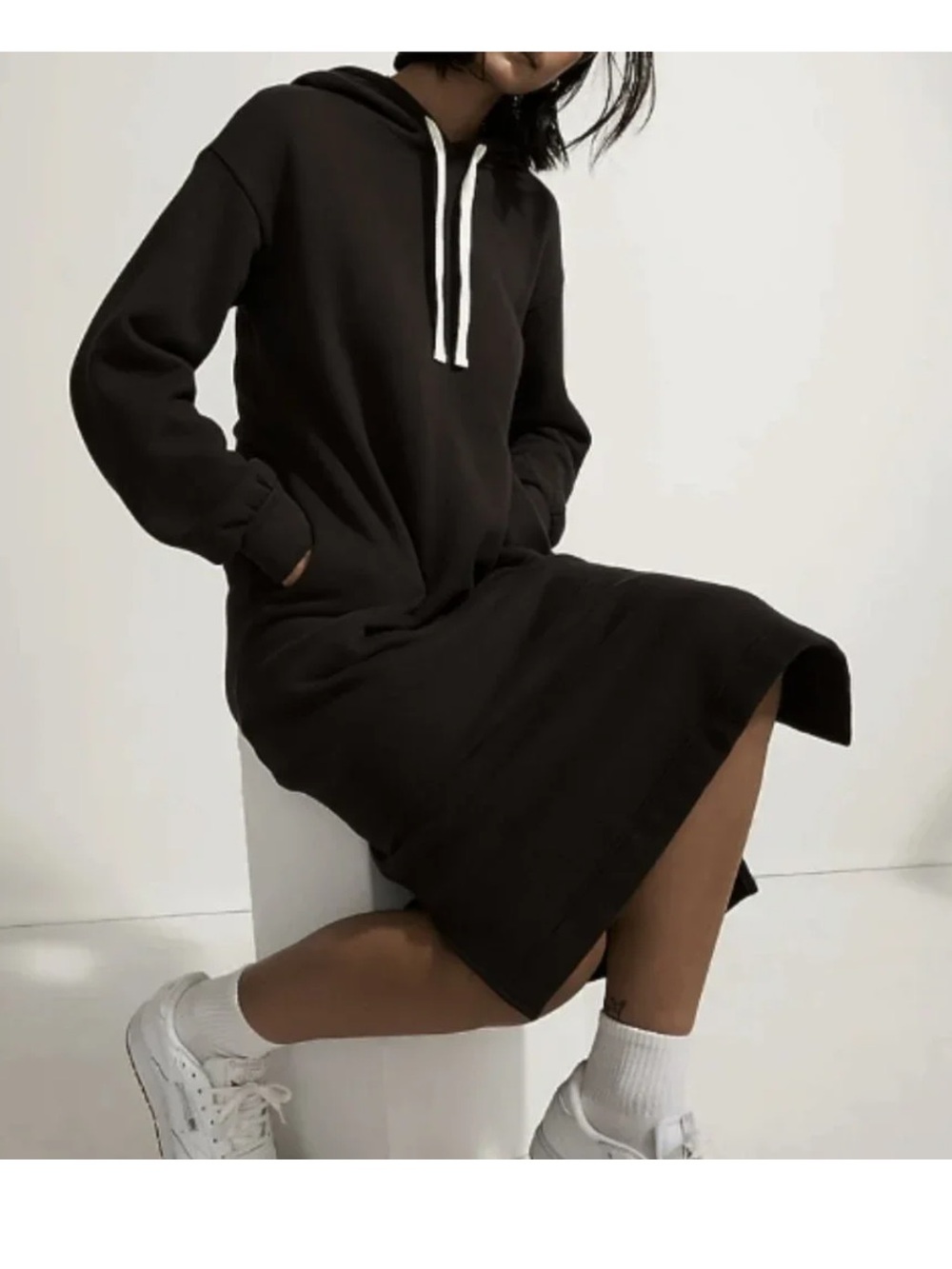 Madewell Cozy Black Hoodie Sweatshirt Dress with White Drawstrings size XS